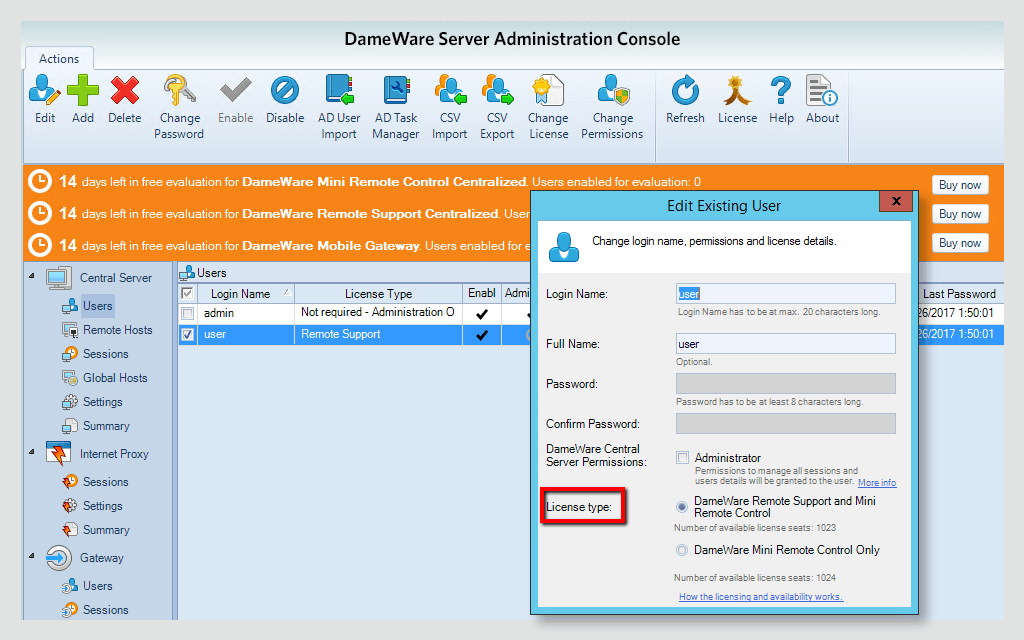 dameware remote support license